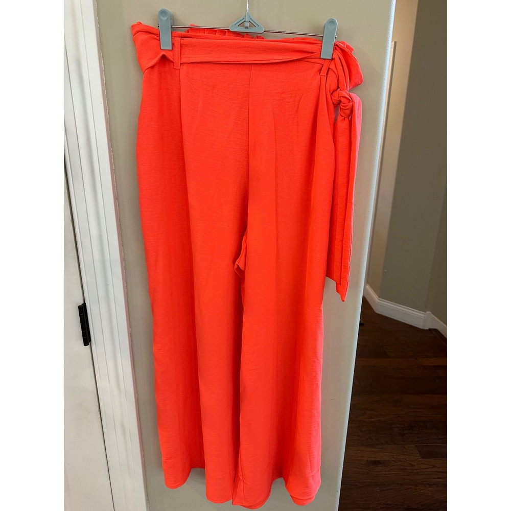 XL Neon Orange Wide Leg Palazzo Pants High‎ Waist Belted Flowy Casual